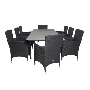 VENTURE DESIGN havest m Levels bord m. udtrk og 8 Malin stole m. armln - sort rattan/gr aintwood