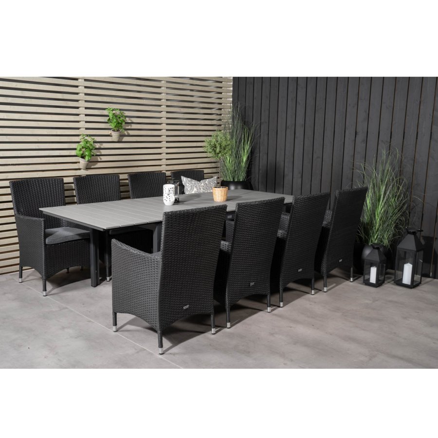 VENTURE DESIGN havest m Levels bord m. udtrk og 8 Malin stole m. armln - sort rattan/gr aintwood