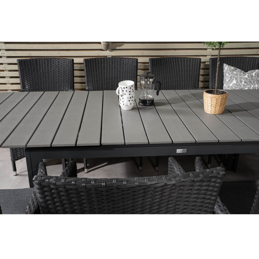 VENTURE DESIGN havest m Levels bord m. udtrk og 8 Malin stole m. armln - sort rattan/gr aintwood