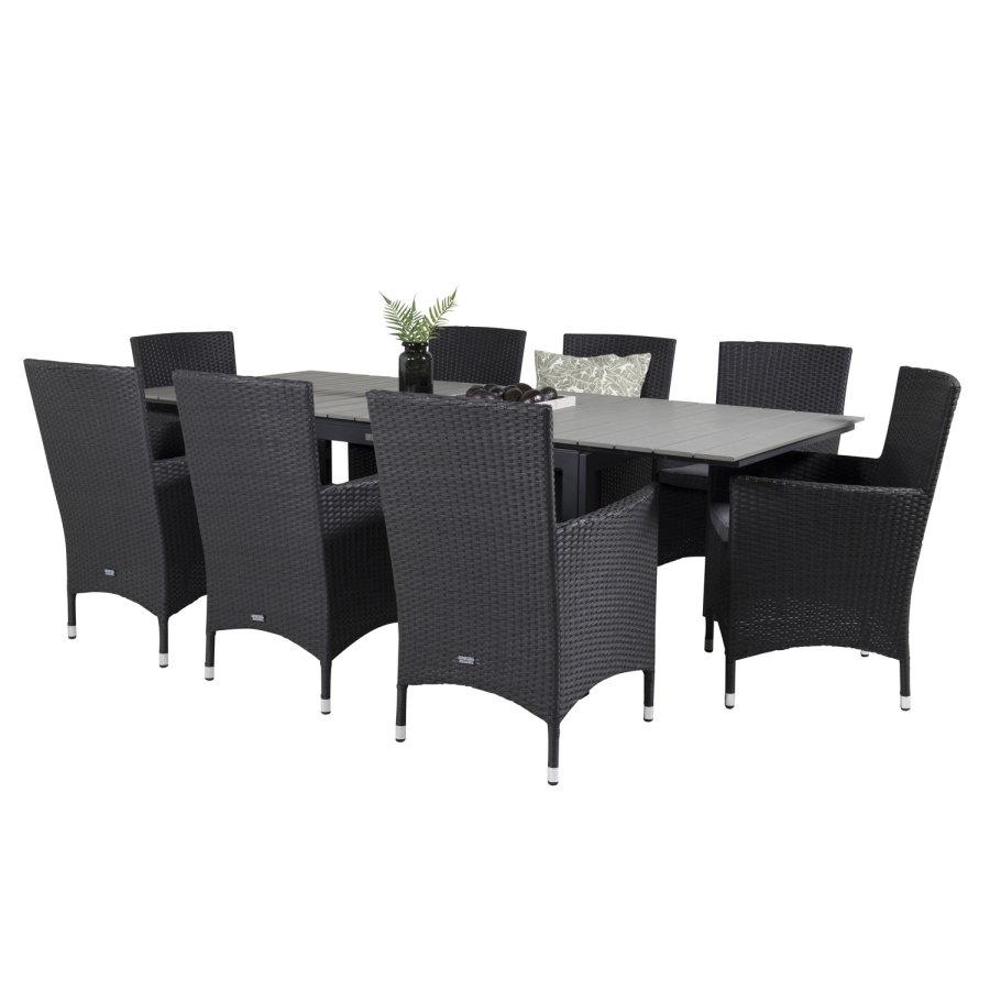 VENTURE DESIGN havest m Levels bord m. udtrk og 8 Malin stole m. armln - sort rattan/gr aintwood