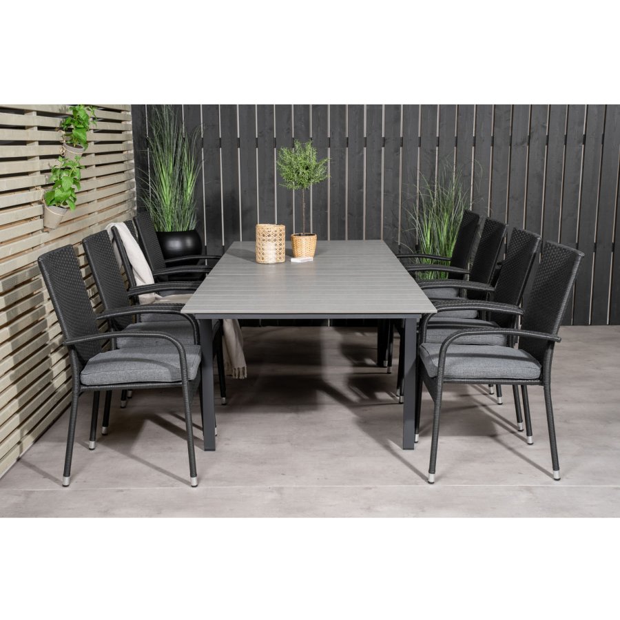 VENTURE DESIGN havest m. Levels bord m. udtrk og 8 Anna stole m. armln - gr aintwood/sort rattan