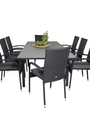 VENTURE DESIGN havest m. Levels bord m. udtrk og 8 Anna stole m. armln - gr aintwood/sort rattan