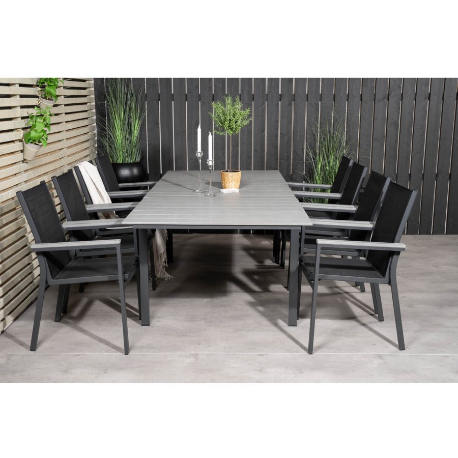 VENTURE DESIGN havest m Levels bord m udtrk + 8 Parma stole m armln - gr aintwood/sort textilene