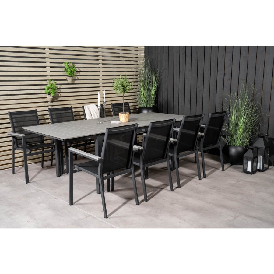 VENTURE DESIGN havest m Levels bord m udtrk + 8 Parma stole m armln - gr aintwood/sort textilene