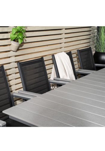 VENTURE DESIGN havest m Levels bord m udtrk + 8 Parma stole m armln - gr aintwood/sort textilene