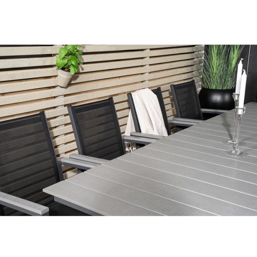 VENTURE DESIGN havest m Levels bord m udtrk + 8 Parma stole m armln - gr aintwood/sort textilene