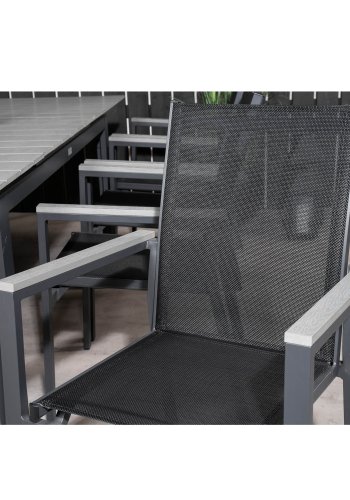 VENTURE DESIGN havest m Levels bord m udtrk + 8 Parma stole m armln - gr aintwood/sort textilene