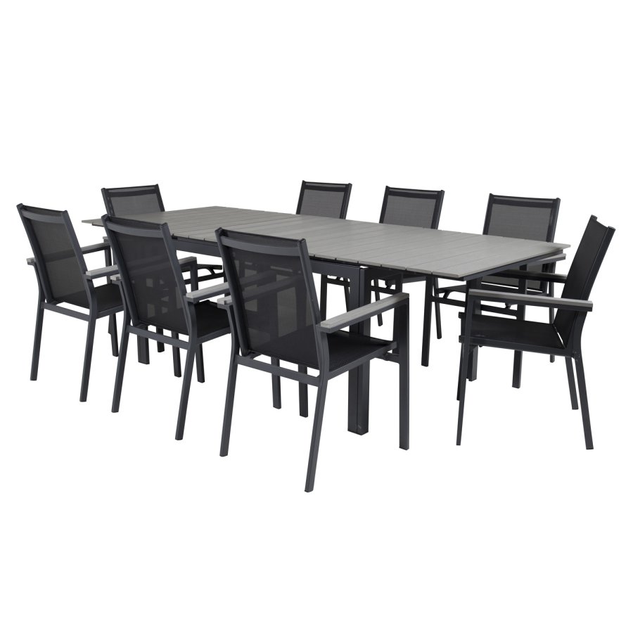 VENTURE DESIGN havest m Levels bord m udtrk + 8 Parma stole m armln - gr aintwood/sort textilene