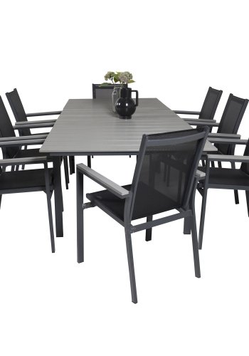 VENTURE DESIGN havest m Levels bord m udtrk + 8 Parma stole m armln - gr aintwood/sort textilene