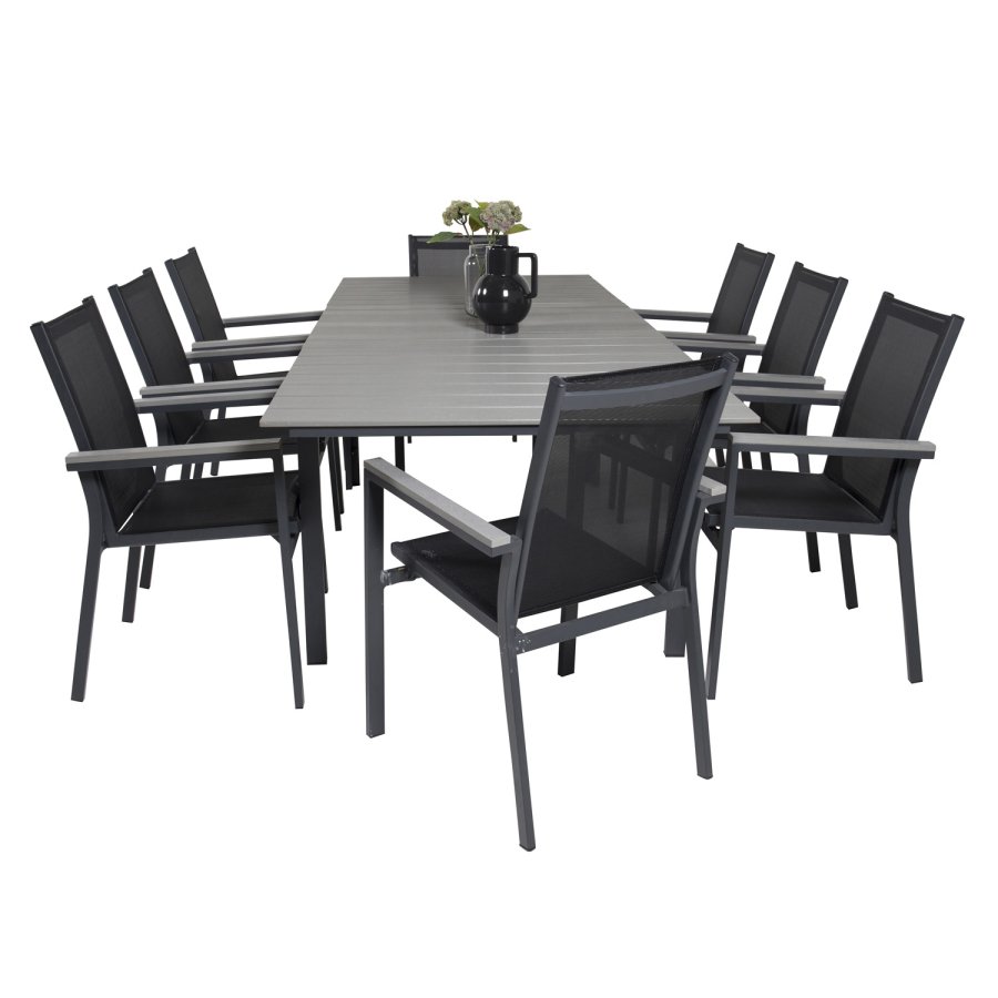 VENTURE DESIGN havest m Levels bord m udtrk + 8 Parma stole m armln - gr aintwood/sort textilene