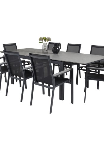 VENTURE DESIGN havest m Levels bord m udtrk + 8 Parma stole m armln - gr aintwood/sort textilene