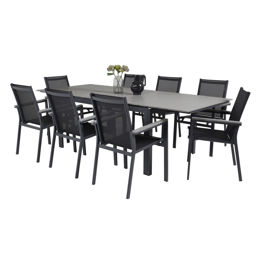 VENTURE DESIGN havest m Levels bord m udtrk + 8 Parma stole m armln - gr aintwood/sort textilene