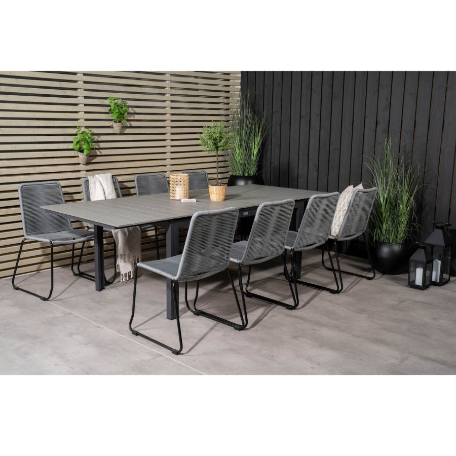 VENTURE DESIGN havest m. Levels bord m. udtrk og 8 Lindos stole - gr aintwood/reb/sort alu