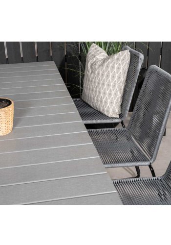 VENTURE DESIGN havest m. Levels bord m. udtrk og 8 Lindos stole - gr aintwood/reb/sort alu