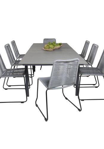 VENTURE DESIGN havest m. Levels bord m. udtrk og 8 Lindos stole - gr aintwood/reb/sort alu