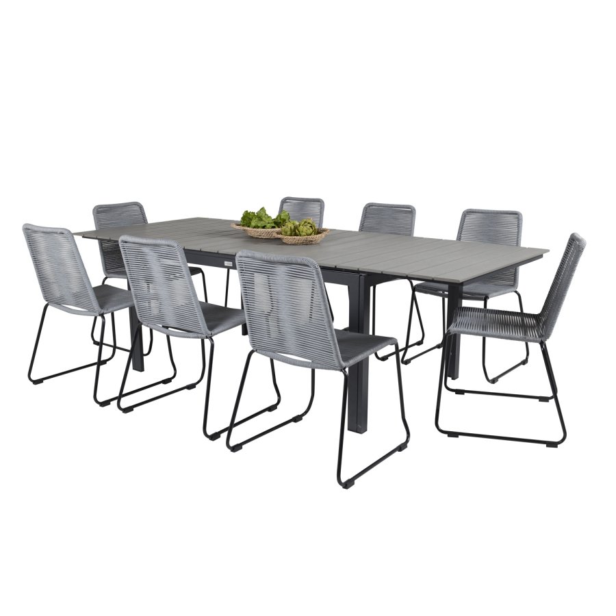 VENTURE DESIGN havest m. Levels bord m. udtrk og 8 Lindos stole - gr aintwood/reb/sort alu