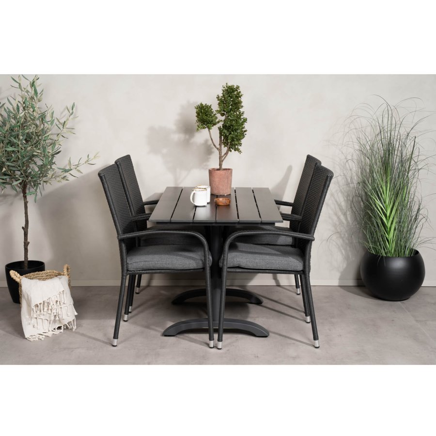 VENTURE DESIGN havest, m. Denver cafébord (120x70) og 4 Anna stole - sort aintwood/alu/rattan 