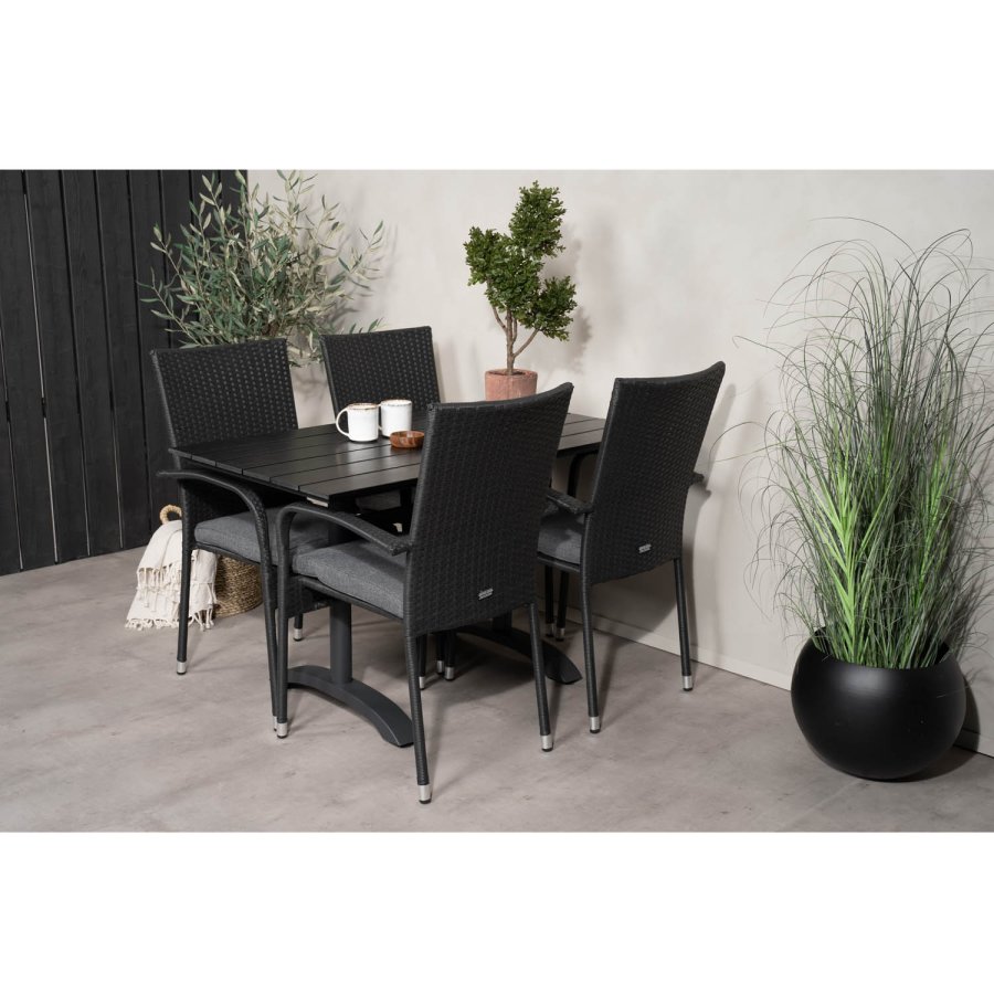 VENTURE DESIGN havest, m. Denver cafébord (120x70) og 4 Anna stole - sort aintwood/alu/rattan 