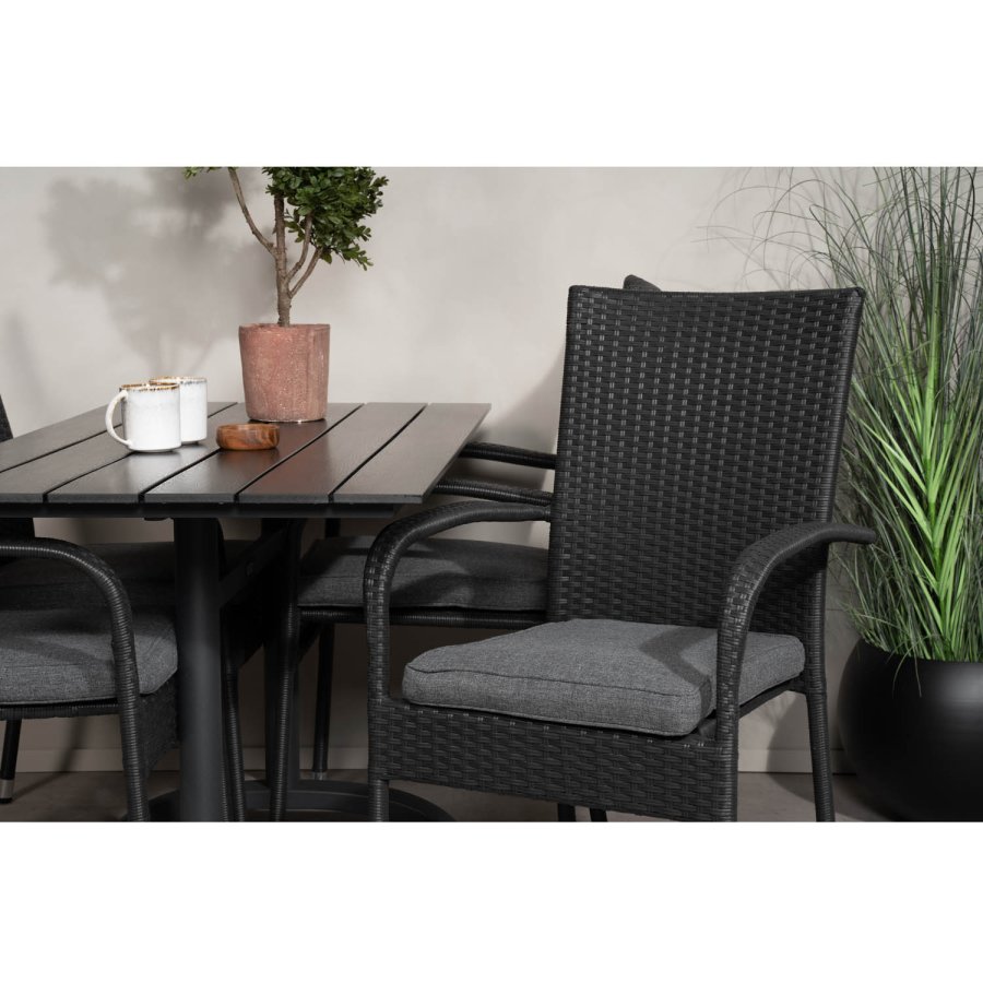 VENTURE DESIGN havest, m. Denver cafébord (120x70) og 4 Anna stole - sort aintwood/alu/rattan 