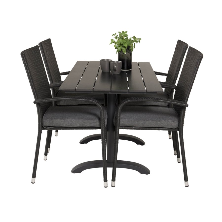 VENTURE DESIGN havest, m. Denver cafébord (120x70) og 4 Anna stole - sort aintwood/alu/rattan 