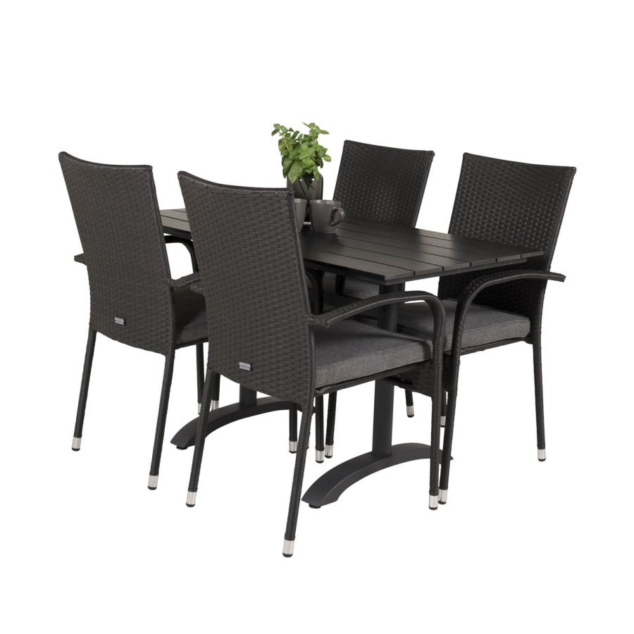 VENTURE DESIGN havest, m. Denver cafébord (120x70) og 4 Anna stole - sort aintwood/alu/rattan 