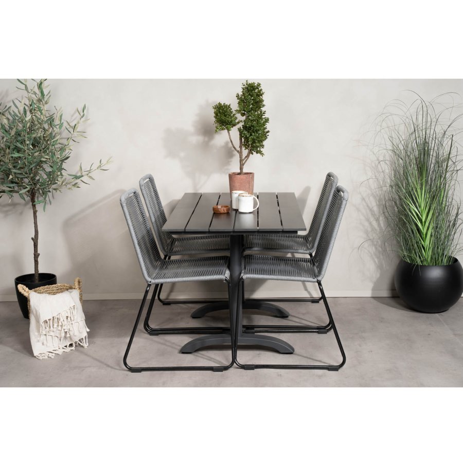 VENTURE DESIGN havest, m. Denver cafébord (120x70) og 4 Lindos stole - sort aintwood/alu/gr reb