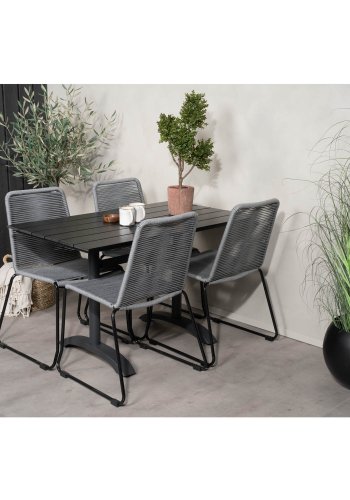 VENTURE DESIGN havest, m. Denver cafébord (120x70) og 4 Lindos stole - sort aintwood/alu/gr reb