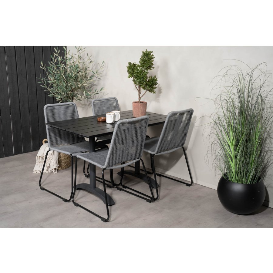 VENTURE DESIGN havest, m. Denver cafébord (120x70) og 4 Lindos stole - sort aintwood/alu/gr reb