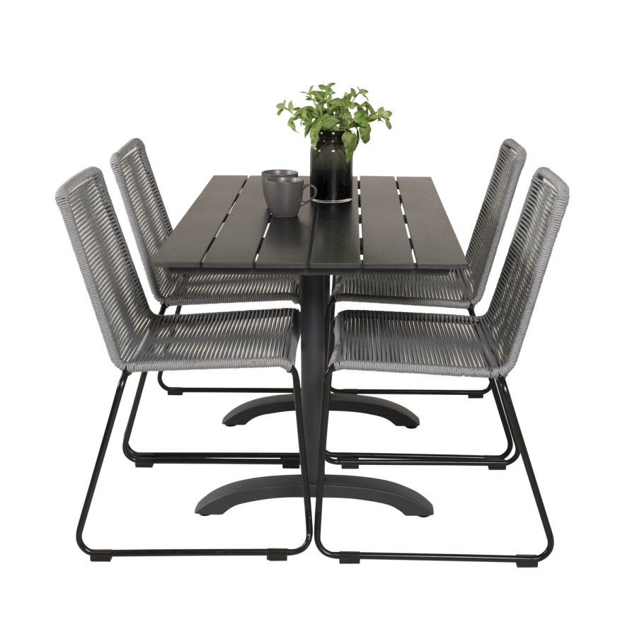 VENTURE DESIGN havest, m. Denver cafébord (120x70) og 4 Lindos stole - sort aintwood/alu/gr reb