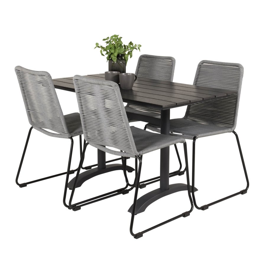 VENTURE DESIGN havest, m. Denver cafébord (120x70) og 4 Lindos stole - sort aintwood/alu/gr reb