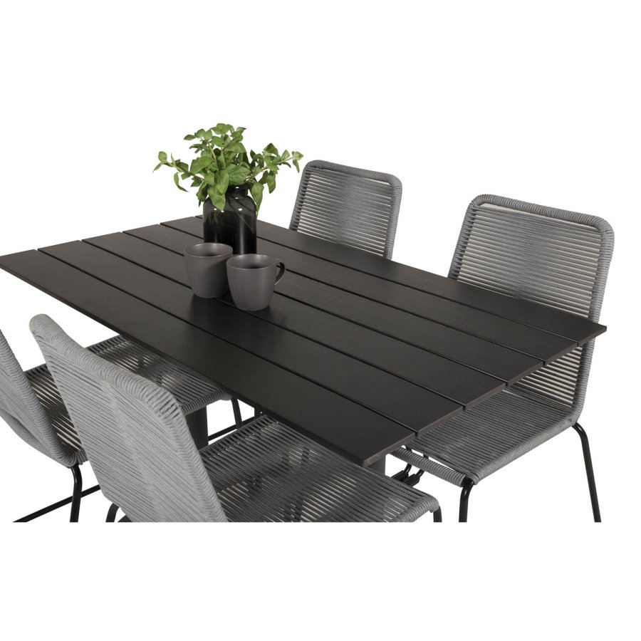 VENTURE DESIGN havest, m. Denver cafébord (120x70) og 4 Lindos stole - sort aintwood/alu/gr reb