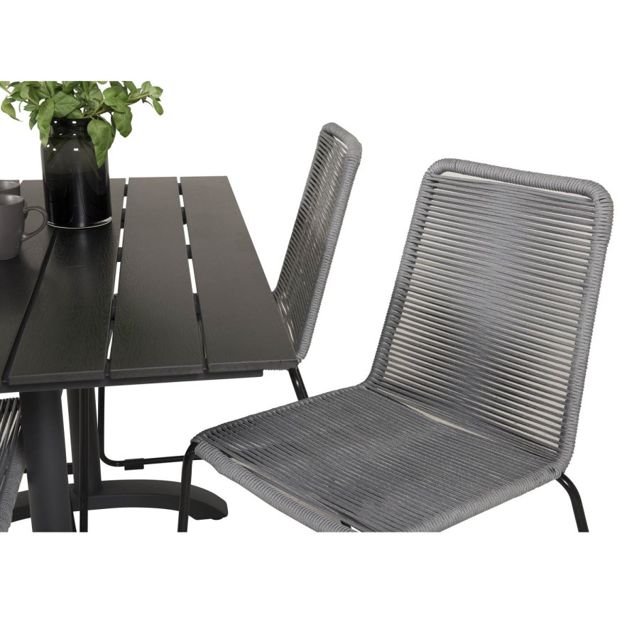 VENTURE DESIGN havest, m. Denver cafébord (120x70) og 4 Lindos stole - sort aintwood/alu/gr reb