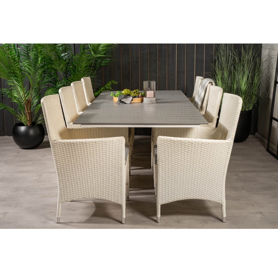 VENTURE DESIGN Gartenset mit Levels-Tisch mit Verlängerung und 8 Malin-Stühlen mit Armlehnen – weißes Rattan/graues Aintwood