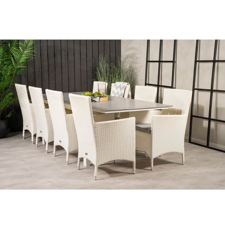 VENTURE DESIGN Gartenset mit Levels-Tisch mit Verlängerung und 8 Malin-Stühlen mit Armlehnen – weißes Rattan/graues Aintwood