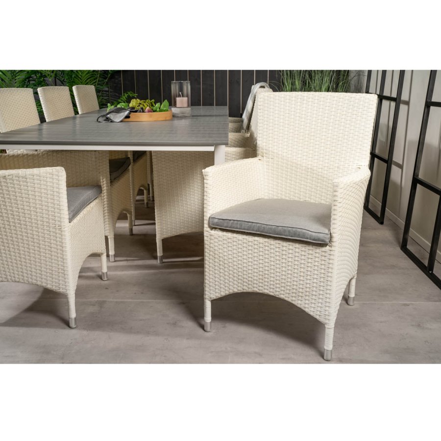 VENTURE DESIGN Gartenset mit Levels-Tisch mit Verlängerung und 8 Malin-Stühlen mit Armlehnen – weißes Rattan/graues Aintwood