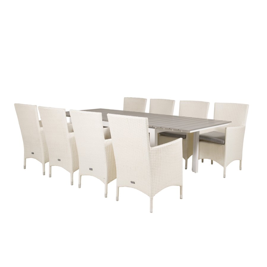 VENTURE DESIGN Gartenset mit Levels-Tisch mit Verlängerung und 8 Malin-Stühlen mit Armlehnen – weißes Rattan/graues Aintwood