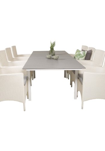 VENTURE DESIGN Gartenset mit Levels-Tisch mit Verlängerung und 8 Malin-Stühlen mit Armlehnen – weißes Rattan/graues Aintwood