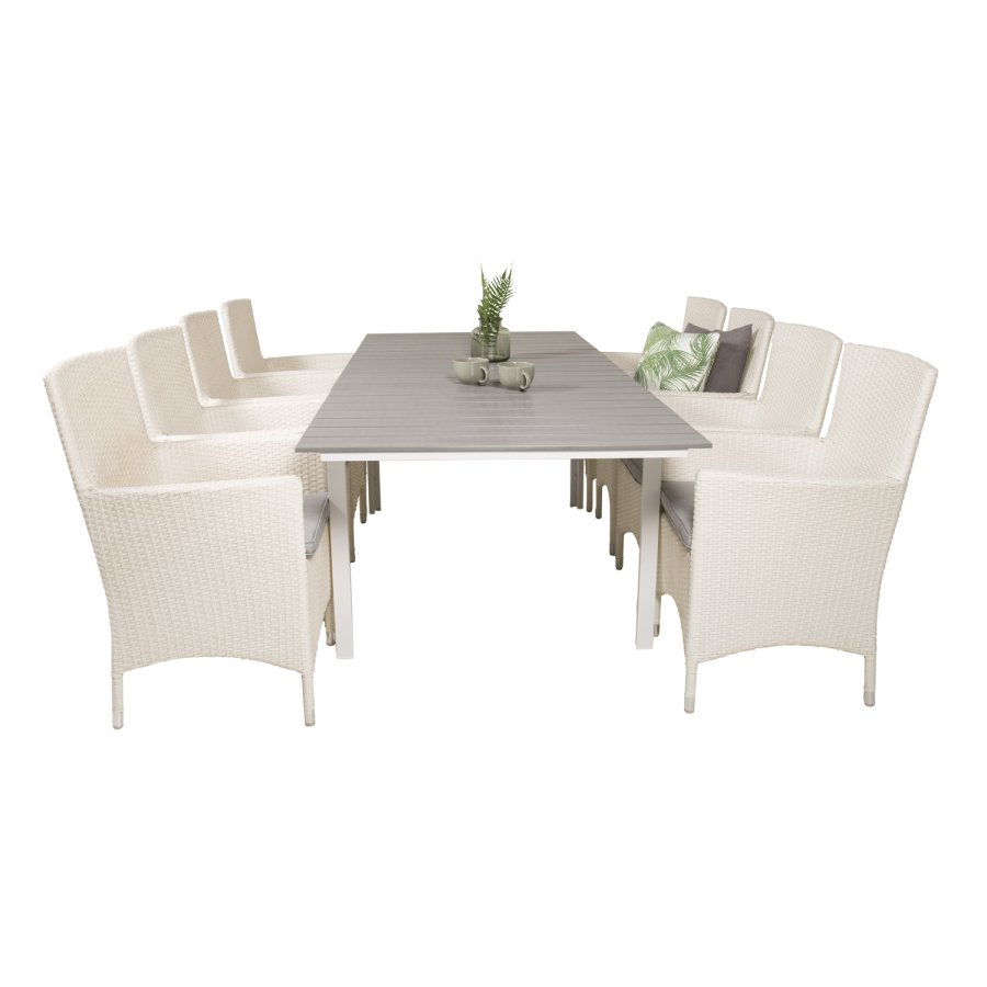 VENTURE DESIGN Gartenset mit Levels-Tisch mit Verlängerung und 8 Malin-Stühlen mit Armlehnen – weißes Rattan/graues Aintwood