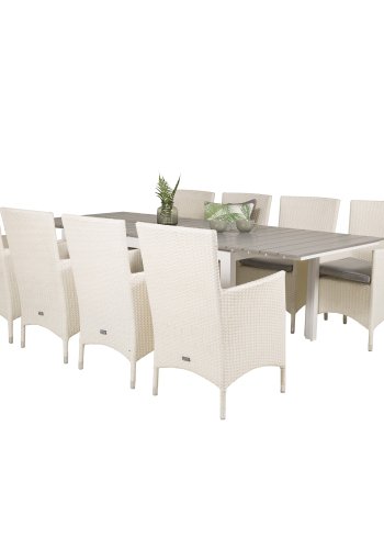 VENTURE DESIGN Gartenset mit Levels-Tisch mit Verlängerung und 8 Malin-Stühlen mit Armlehnen – weißes Rattan/graues Aintwood