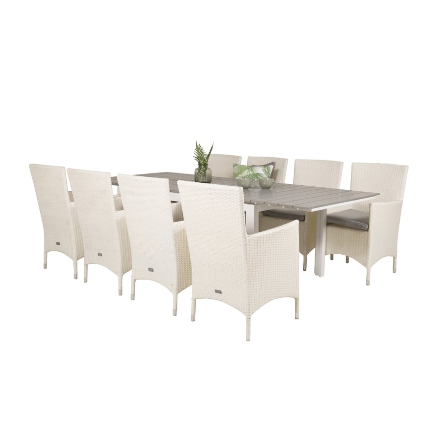VENTURE DESIGN Gartenset mit Levels-Tisch mit Verlängerung und 8 Malin-Stühlen mit Armlehnen – weißes Rattan/graues Aintwood