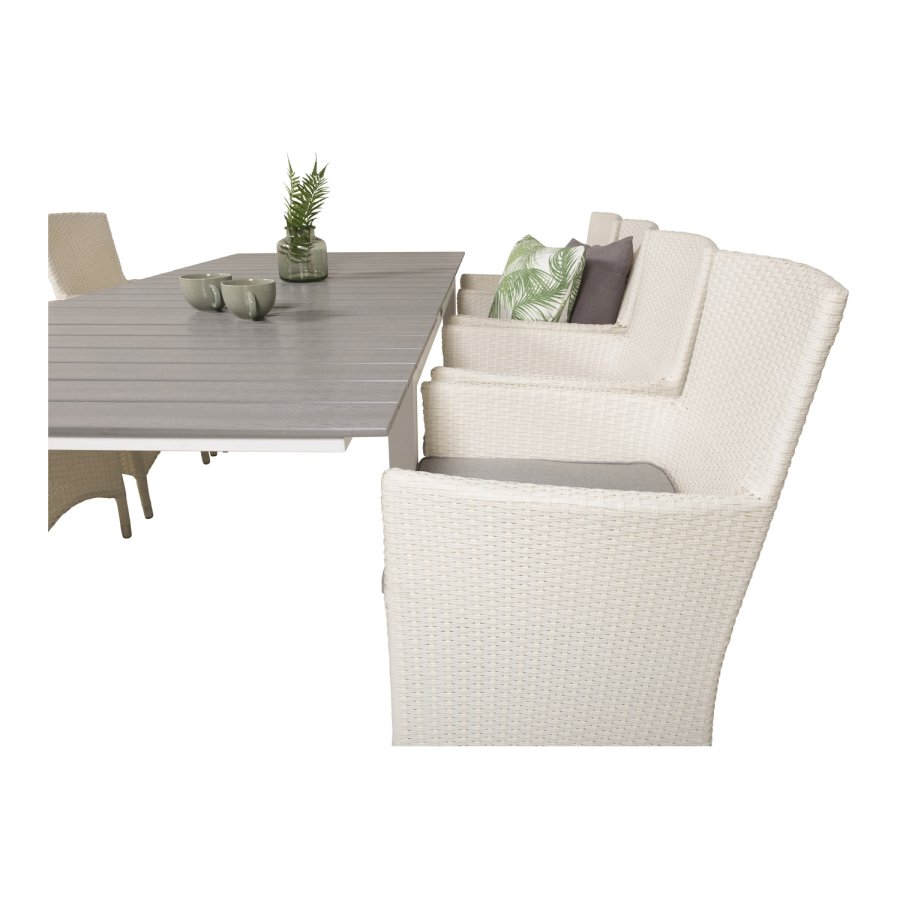 VENTURE DESIGN Gartenset mit Levels-Tisch mit Verlängerung und 8 Malin-Stühlen mit Armlehnen – weißes Rattan/graues Aintwood