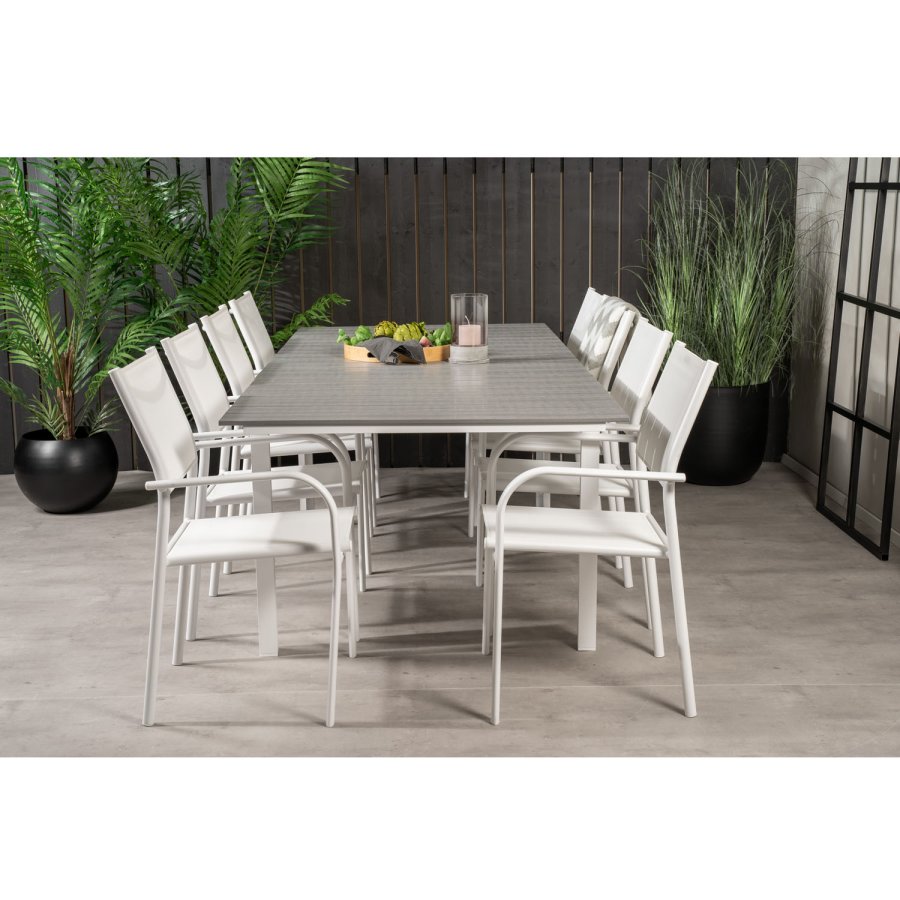 VENTURE DESIGN havest m Levels bord m. udtrk og 8 Santorini stole m armln - gr aintwood/hvid alu