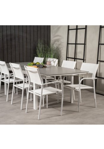 VENTURE DESIGN havest m Levels bord m. udtrk og 8 Santorini stole m armln - gr aintwood/hvid alu