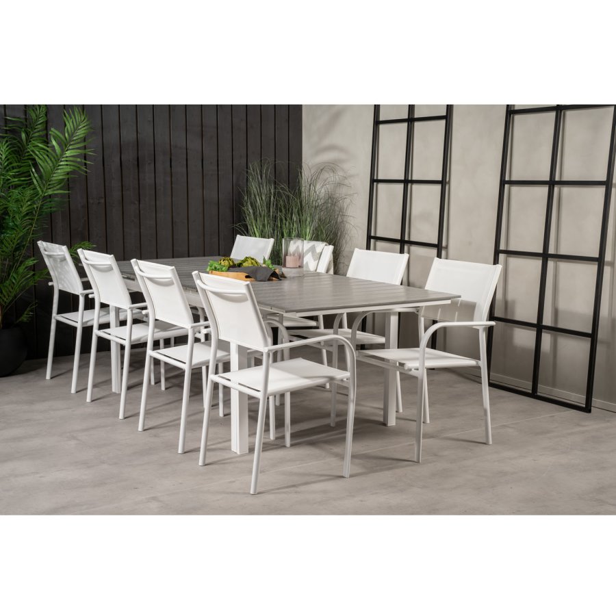 VENTURE DESIGN havest m Levels bord m. udtrk og 8 Santorini stole m armln - gr aintwood/hvid alu