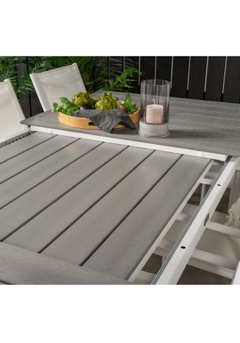 VENTURE DESIGN havest m Levels bord m. udtrk og 8 Santorini stole m armln - gr aintwood/hvid alu