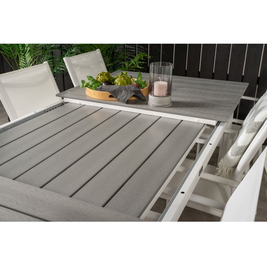 VENTURE DESIGN havest m Levels bord m. udtrk og 8 Santorini stole m armln - gr aintwood/hvid alu