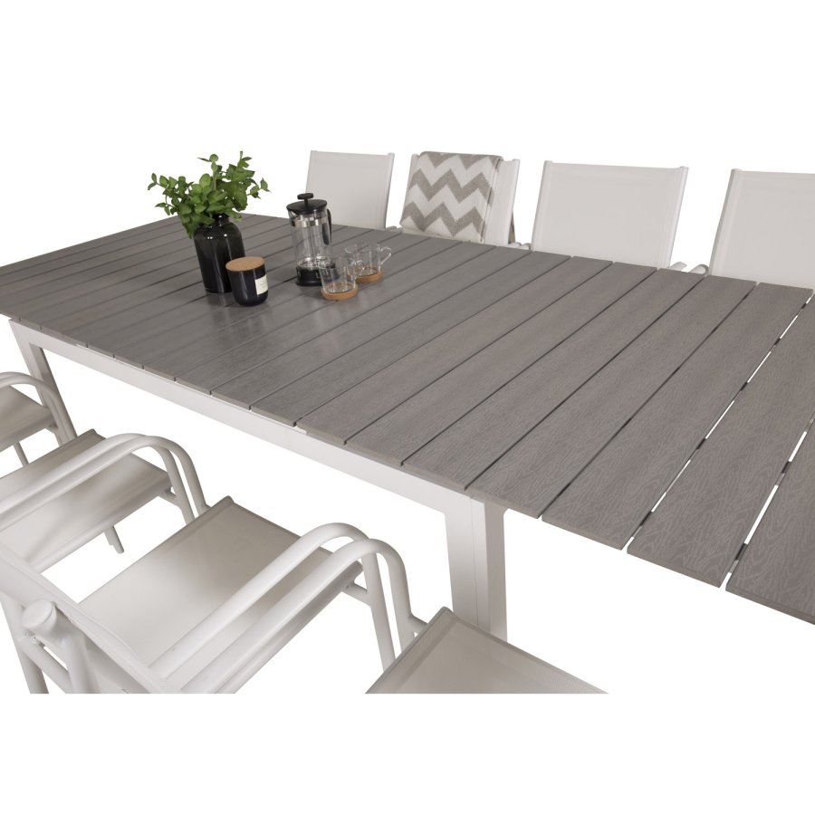 VENTURE DESIGN havest m Levels bord m. udtrk og 8 Santorini stole m armln - gr aintwood/hvid alu