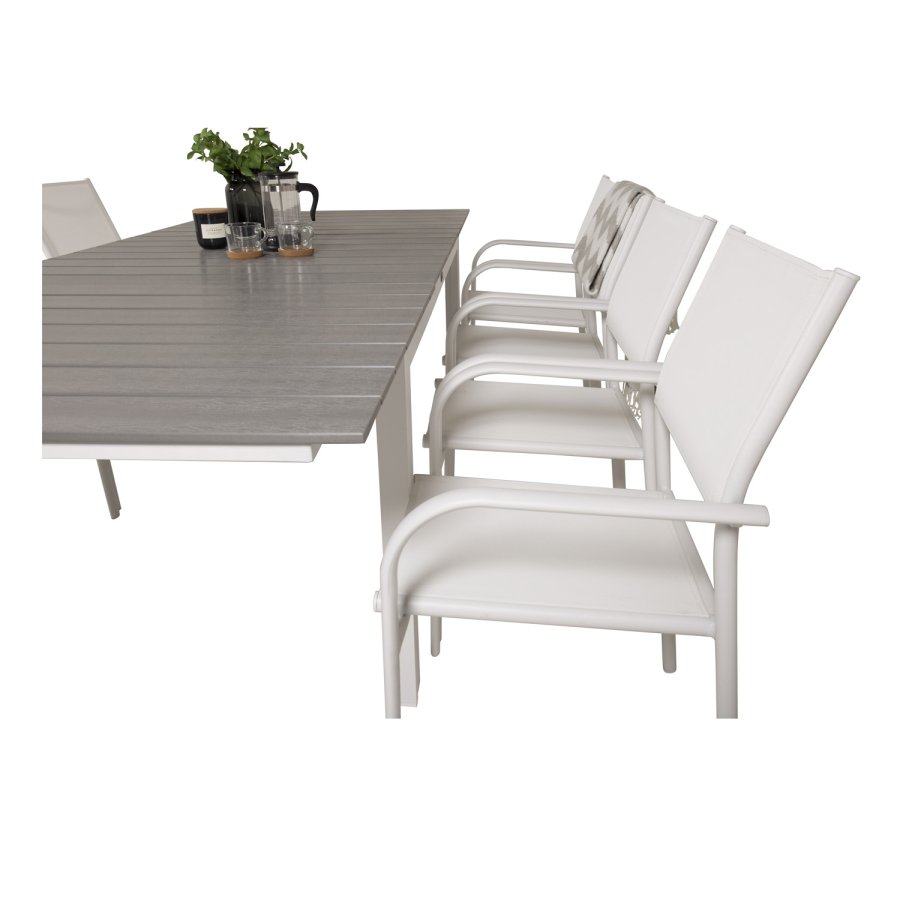 VENTURE DESIGN havest m Levels bord m. udtrk og 8 Santorini stole m armln - gr aintwood/hvid alu