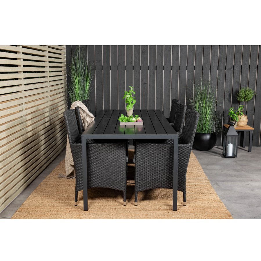 VENTURE DESIGN havest, m. Break bord (205x90) og 6 Malin stole, m. armln - aintwood/alu//flet