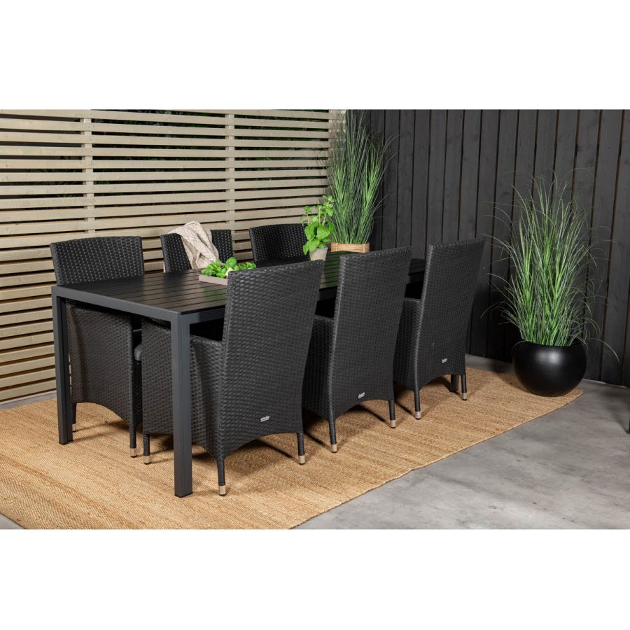 VENTURE DESIGN havest, m. Break bord (205x90) og 6 Malin stole, m. armln - aintwood/alu//flet